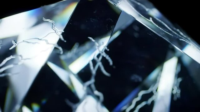 Abstract crystal structure with internal patterns and light refraction in a dark environment