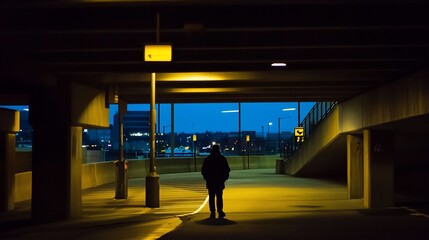 Silhouetted figure walks into bright light in tunnel at night