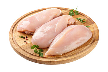 Three raw chicken breasts on wooden board isolated on transparent background