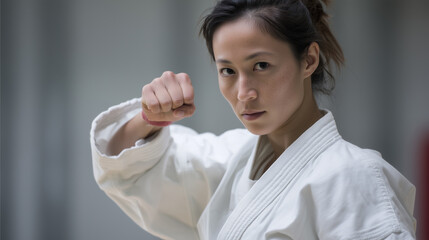 Japanese female athlete in karate uniform focused in sparring stance, determined expression, martial arts training