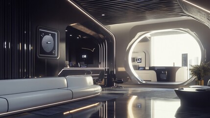 Sleek, modern interior; glossy floors, recessed lighting, curved walls, white sofa, and workspace visible through a round opening