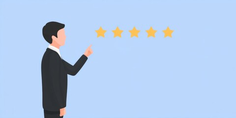 Young caucasian male in suit rating five stars on blue background