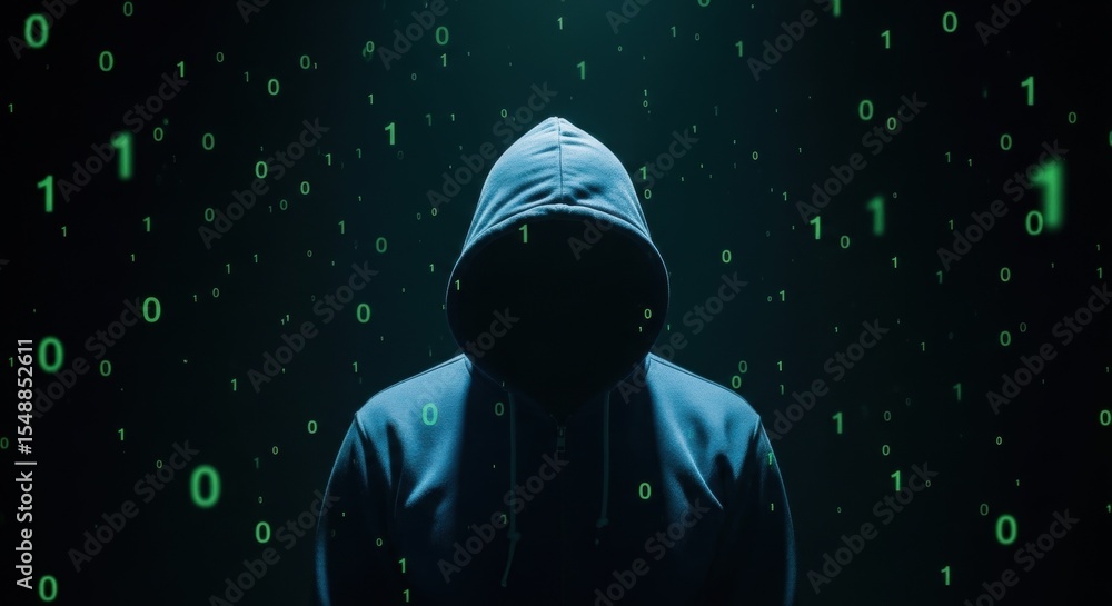 Poster man in hoodie with glowing eyes in dark room. hacker concept with cyber attack and digital data. cyb