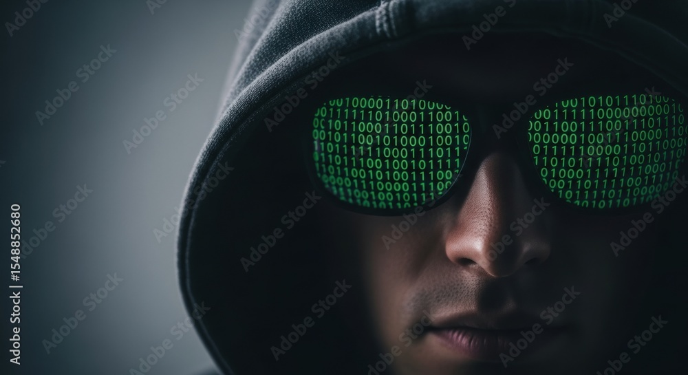 Poster man wearing a dark hoodie and sunglasses reflecting green binary code. cybersecurity, hacking, and m