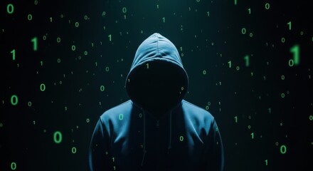 Man in hoodie with glowing eyes in dark room. Hacker concept with cyber attack and digital data. Cybercrime.