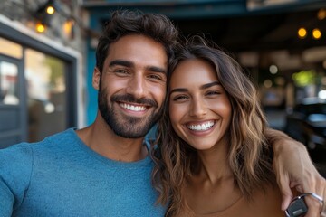Happy couple celebrating their new home purchase by showing off the house key, Generative AI