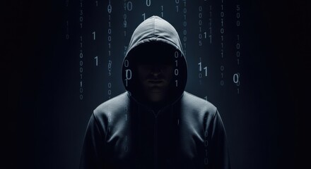 Man in hoodie, hacker with binary code, digital data falling around him. Cyber attack and internet security concept.