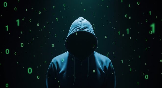 Man in hoodie with glowing eyes in dark room. Hacker concept with cyber attack and digital data. Cybercrime.