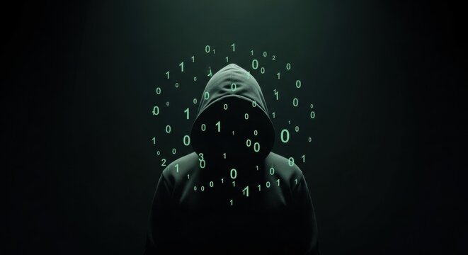 Man in hoodie and binary code. Hacker on dark background. Cybersecurity threats and data breach concept for internet security.