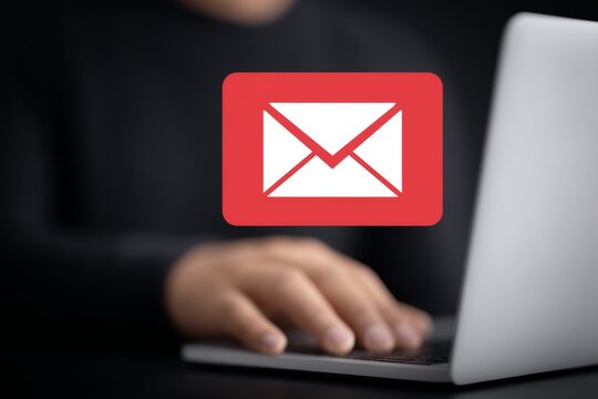 Person checking email on laptop with red icon displayed on screen