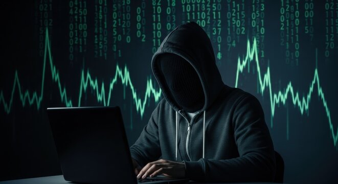 Man in hoodie and balaclava using laptop computer. Anonymous hacker working on data breach and cyberattack.