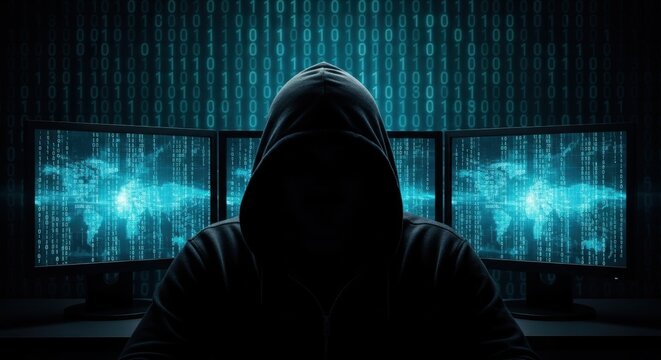 Hooded hacker man working on multiple computer monitors. Cyber attack and data breach concept for cybersecurity crime visuals.