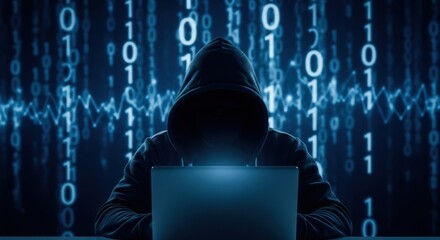 Hacker man with dark hoodie sits at laptop in front of binary code and data waves, cyber attack concept for computer security.