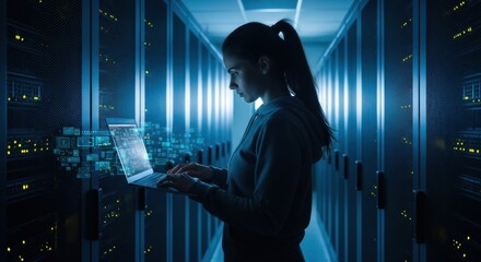 Woman working on laptop in server room with glowing data. Cyber security specialist accessing mainframe or cloud network.