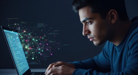 Focused man hacker working on laptop. Cyber attack and data breach. Cybersecurity prevention and programming network.