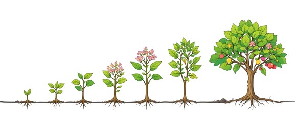Illustration showing the stages of tree growth from seedling to mature tree with fruit on white background