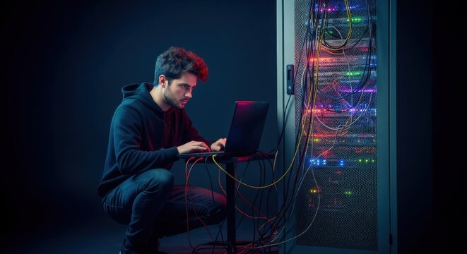 Man, a caucasian hacker, infiltrating a server to carry out a cyberattack. Concept of data breach, digital security, and online theft.