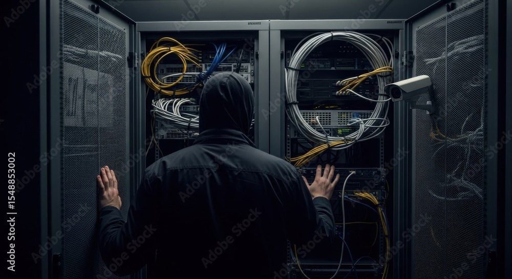 Aufkleber man in hoodie opening server rack. cyber attack, data breach concept. hacker breaking into network s