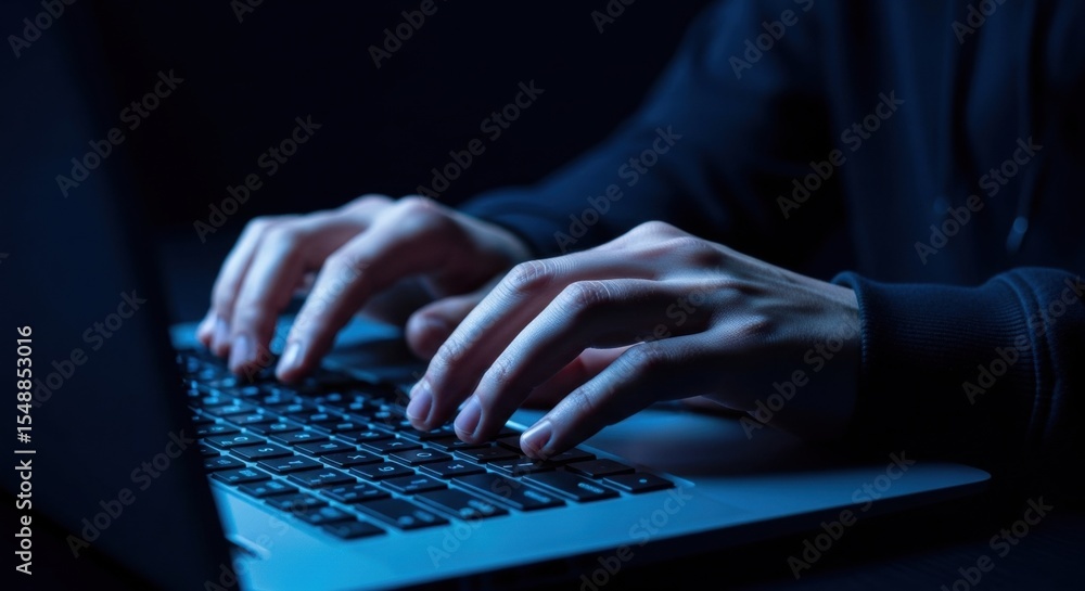 Poster a person's hands typing on a laptop keyboard in a dark room. hacker at work concept. cybersecurity a