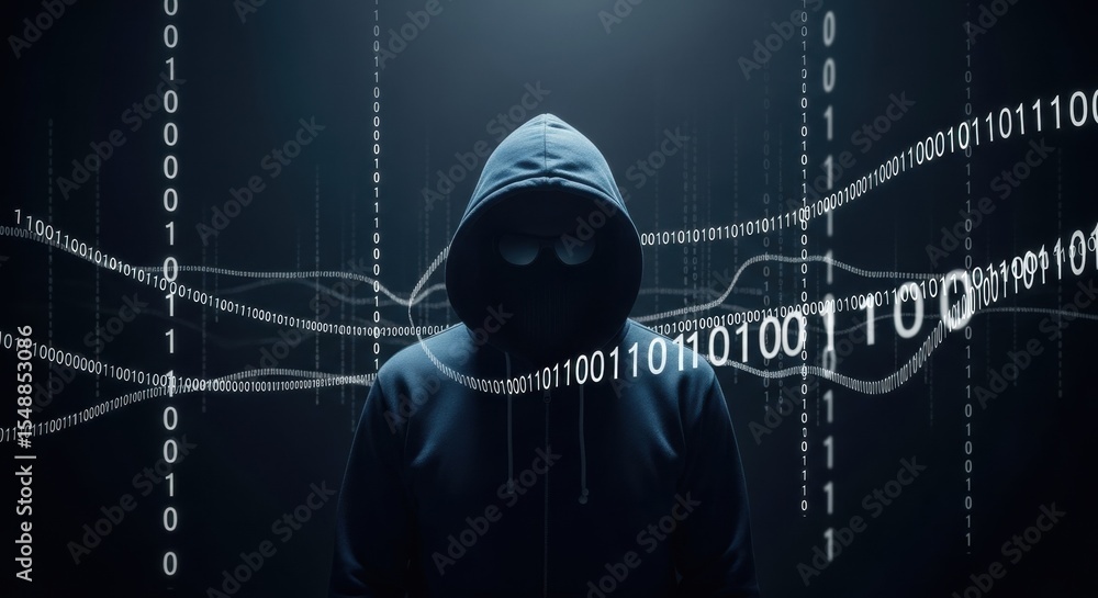 Poster male hacker in dark hoodie with binary code overlay, a concept for cyber security, data breach, and 