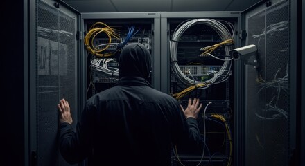 Man in hoodie opening server rack. Cyber attack, data breach concept. Hacker breaking into network servers for information theft.