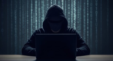 Male hacker in a dark hoodie and face mask sits at a laptop with binary code matrix in the background. Cyber attack concept.