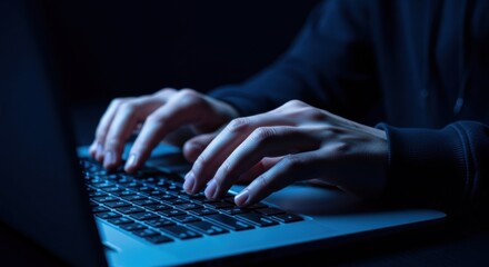 A person's hands typing on a laptop keyboard in a dark room. Hacker at work concept. Cybersecurity and data breach.