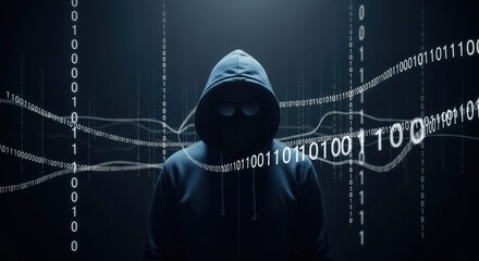 Male hacker in dark hoodie with binary code overlay, a concept for cyber security, data breach, and digital crime.