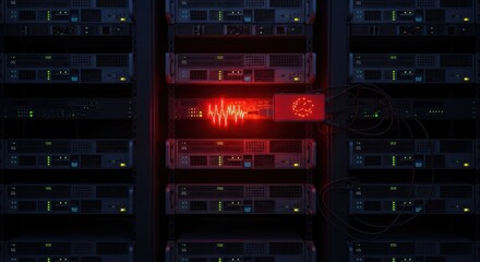 Malicious data breach on server rack. A data center under cyber attack with a hacking virus. Digital security threat.