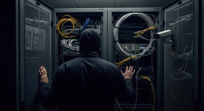 Man in hoodie opening server rack. Cyber attack, data breach concept. Hacker breaking into network servers for information theft. - Powered by Adobe