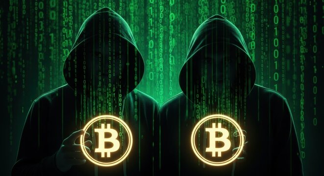 Two men in hoodies holding bitcoin symbols. Dark figures hacker cybercrime digital scam. Green matrix background.