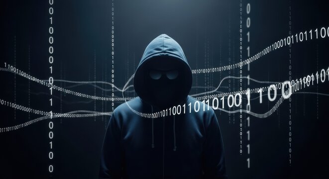 Male hacker in dark hoodie with binary code overlay, a concept for cyber security, data breach, and digital crime.