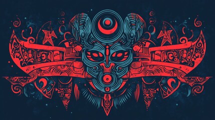 Obraz premium Intricate symmetrical mask with cosmic patterns, red and blue on dark blue background