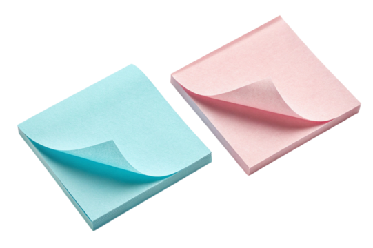 Pastel pink and blue sticky notes isolated on transparent background