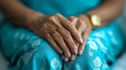 Elderly woman's hands folded in her lap, adorned with a ring and watch