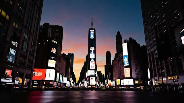 Timelapse Times Square at Dusk - A long shot of Times Square in New York City at dusk. Brightly lit billboards and advertisements line the streets, creating a vibrant urban scene as the sky