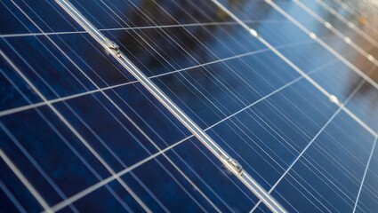 Close-up image of solar panel with blue solar cells. Solar power energy technology and renewable green power concept.