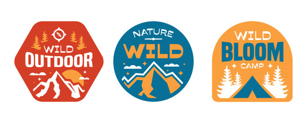Nature wild badges collection. Patch, stickers, logos design vintage outdoor camping.