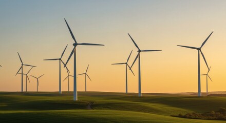 Scenic Sunset Landscape with Multiple Wind Turbines Generating Clean Energy