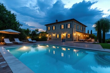 Fototapeta premium Exquisite Evening Retreat: Luxus Villa with Pool and Terrace for Unforgettable Family Moments