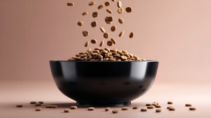 Cereal pouring into black bowl on soft pink background