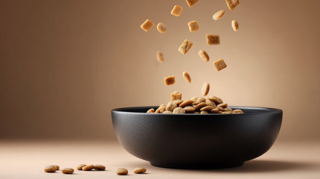 Falling dog kibble into black bowl on brown background - Powered by Adobe