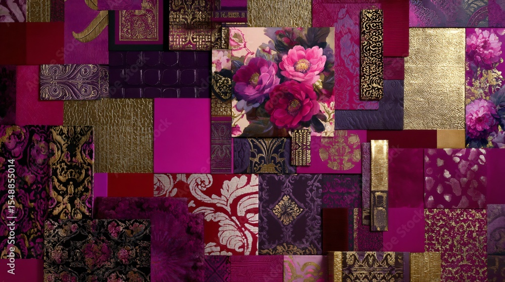 Poster a complex collage of various magenta hues and patterns creating a striking abstract wallpaper design