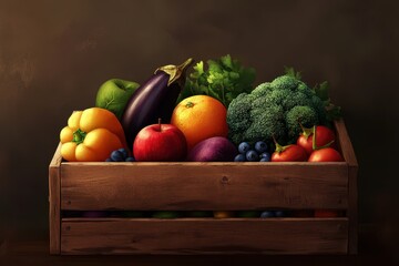 Fresh Fruits and Vegetables in a Wooden Crate