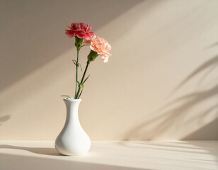Two Pink Carnations in White Vase with Soft Shadows on Minimalist Background