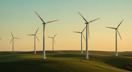 Sustainable Energy Wind Turbines on Rolling Green Hills at Sunset