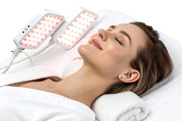 Woman receiving red light therapy treatment isolated on transparent background