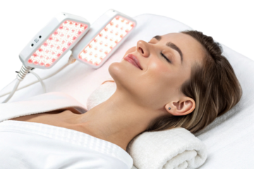 Woman receiving red light therapy treatment isolated on transparent background