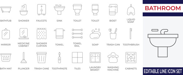 A sleek set of stroke icons representing everyday bathroom essentials and hygiene tools. Perfect for home design, cleaning apps, and lifestyle content.
