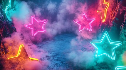 Neon stars in a smoky, vibrant space